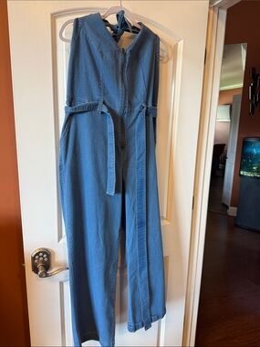 Ashley Stewart Blue Denim halter Jumpsuit with Tie Waist